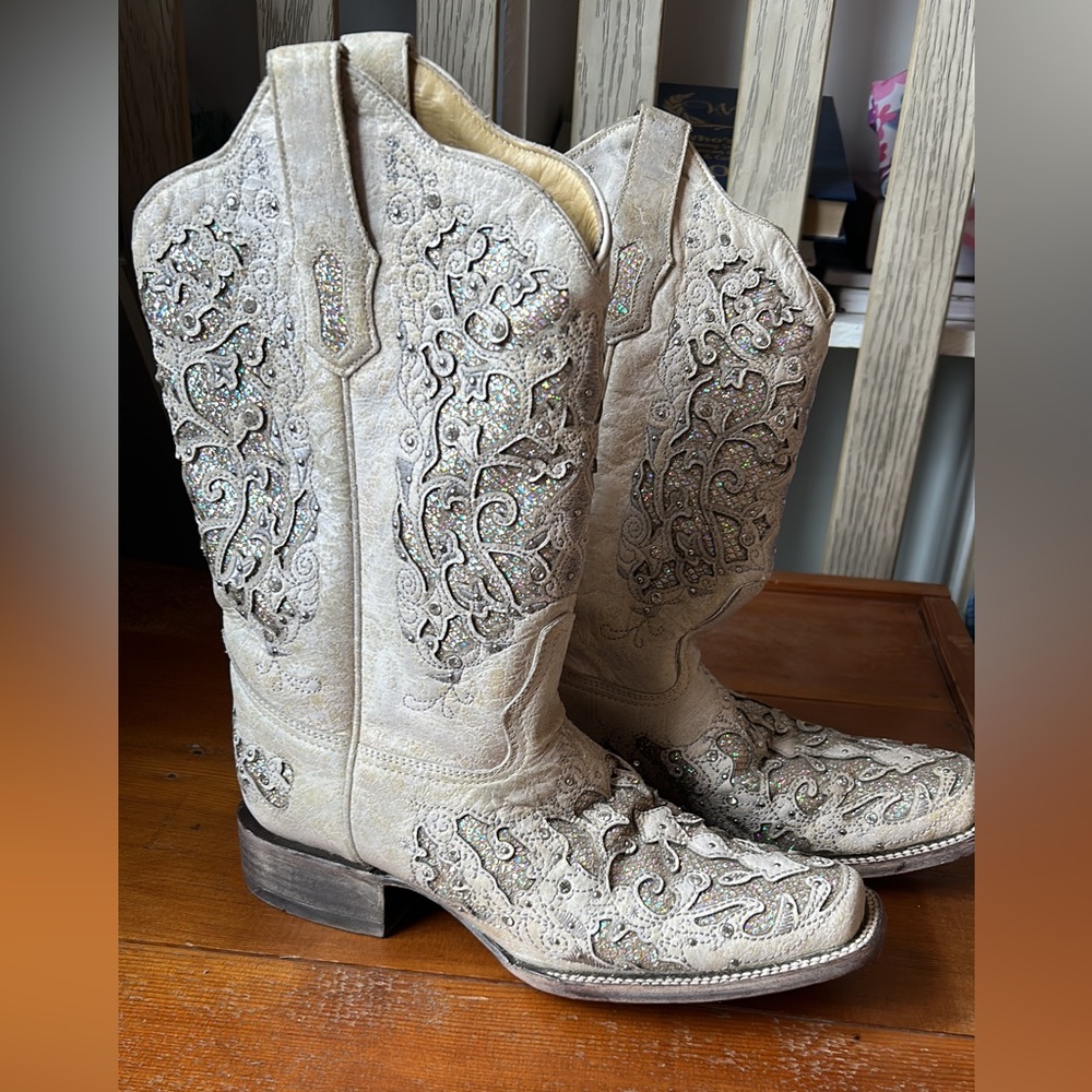 Corral Women's White White Glitter & Crystals Inlay Wedding Square Toe